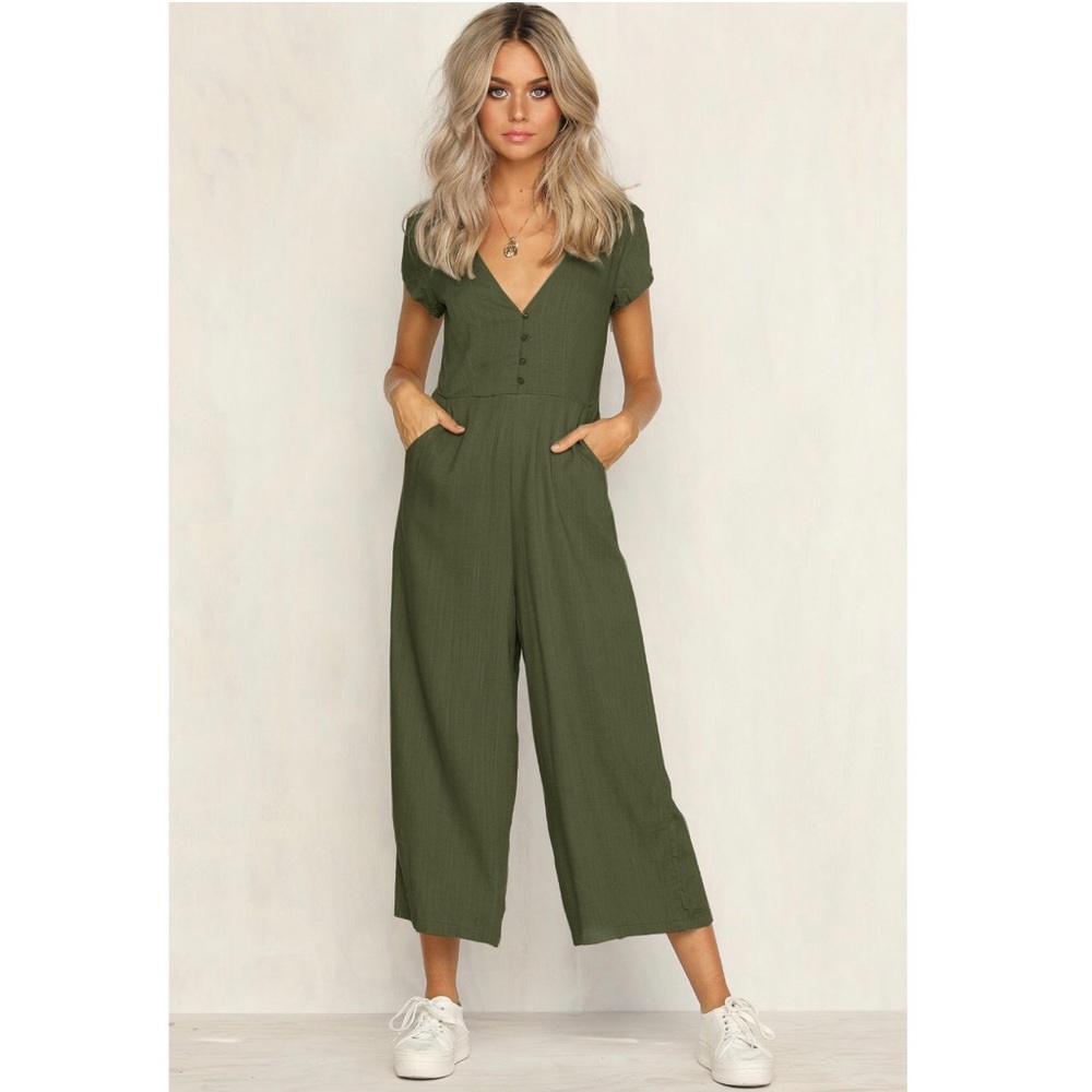 Olive Green Deep V Jumpsuit